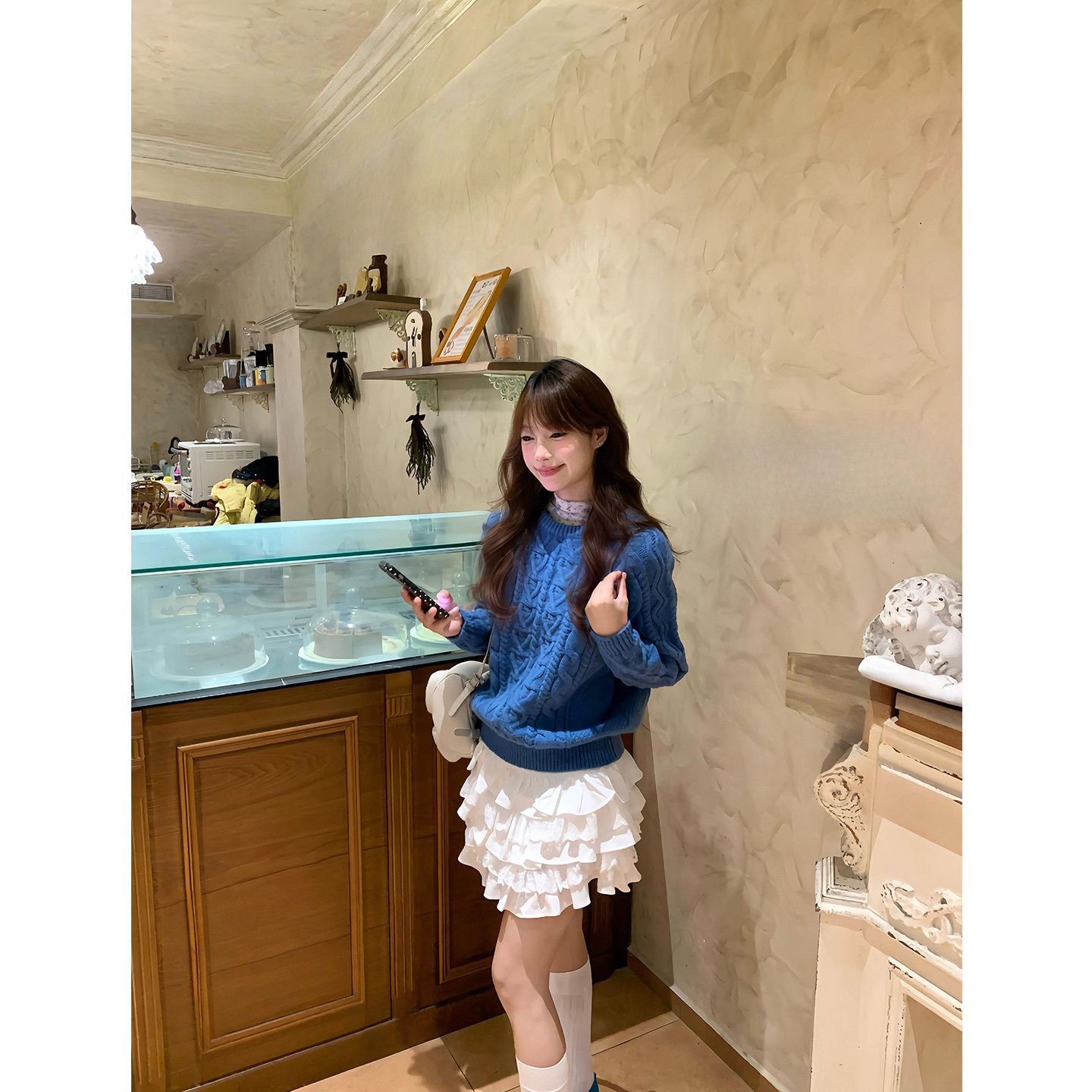 碎花打底衫蓝色麻花圆领套头毛衣套装女白色蕾丝拼接半身裙三件套