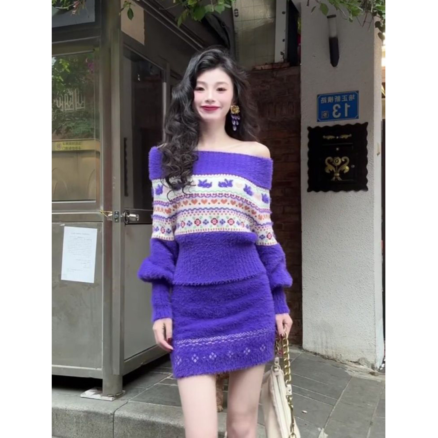 长袖针织衫毛衣高腰半身裙两件套