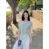 法式 百搭针织T恤 收腰修身 名媛风设计感扭结斜肩飘带上衣春季 新款