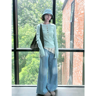 韩系减龄薄荷绿镂空破洞圆领长袖针织衫女春季新款设计感修身上衣