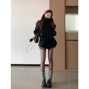 极简风双排扣收腰系带毛呢外套女冬季新款高级感显瘦立领呢子大衣