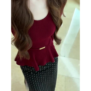 毛衣波点半身裙两件套 针织衫 韩系氛围感千金套装 裙女收腰鱼尾长袖