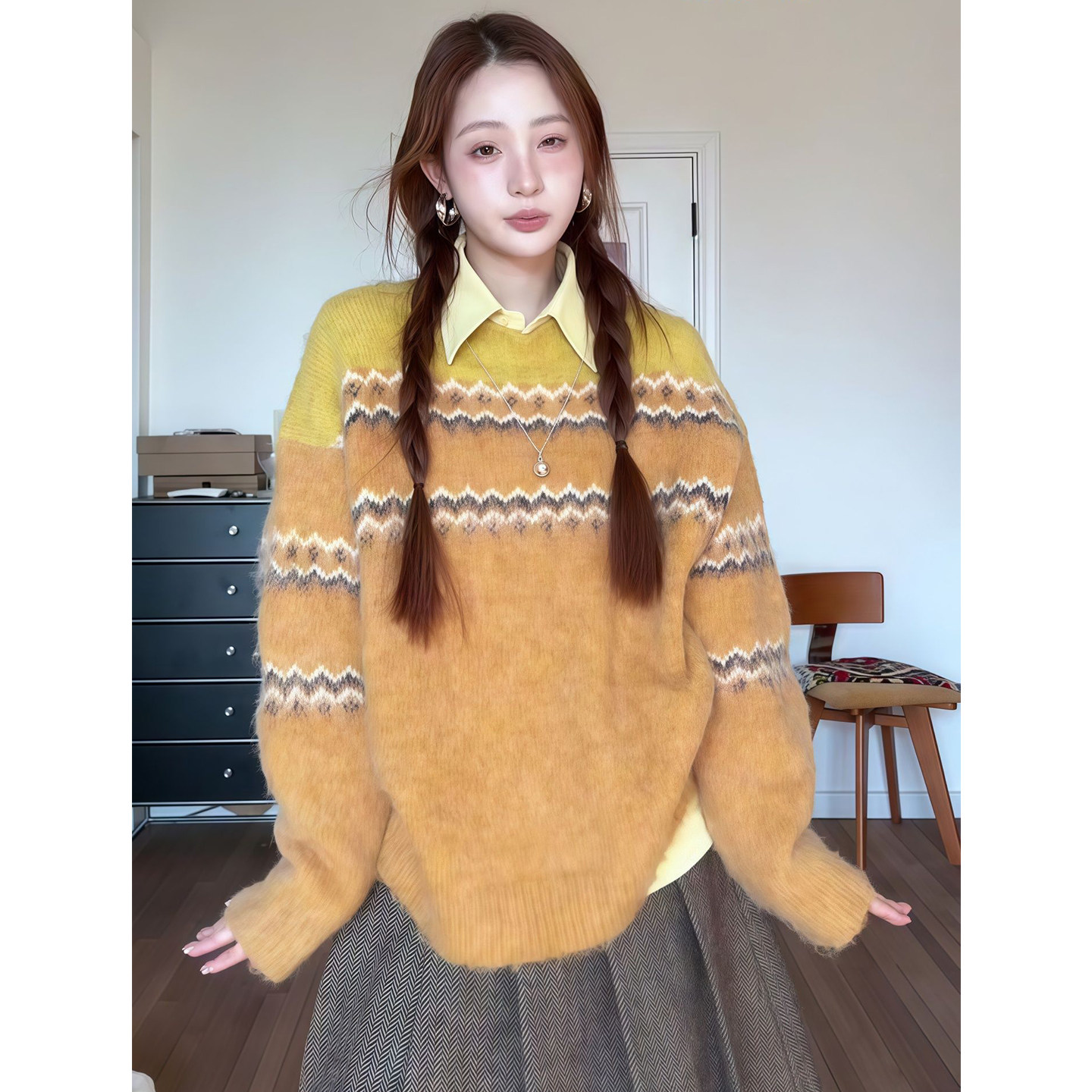 氛围感软糯费尔岛毛针织衫女多巴胺打底衬衫搭百褶毛呢半身裙套装,女装/女士精品,时尚套装,淘宝优惠券,粉丝福利购,淘宝优惠卷