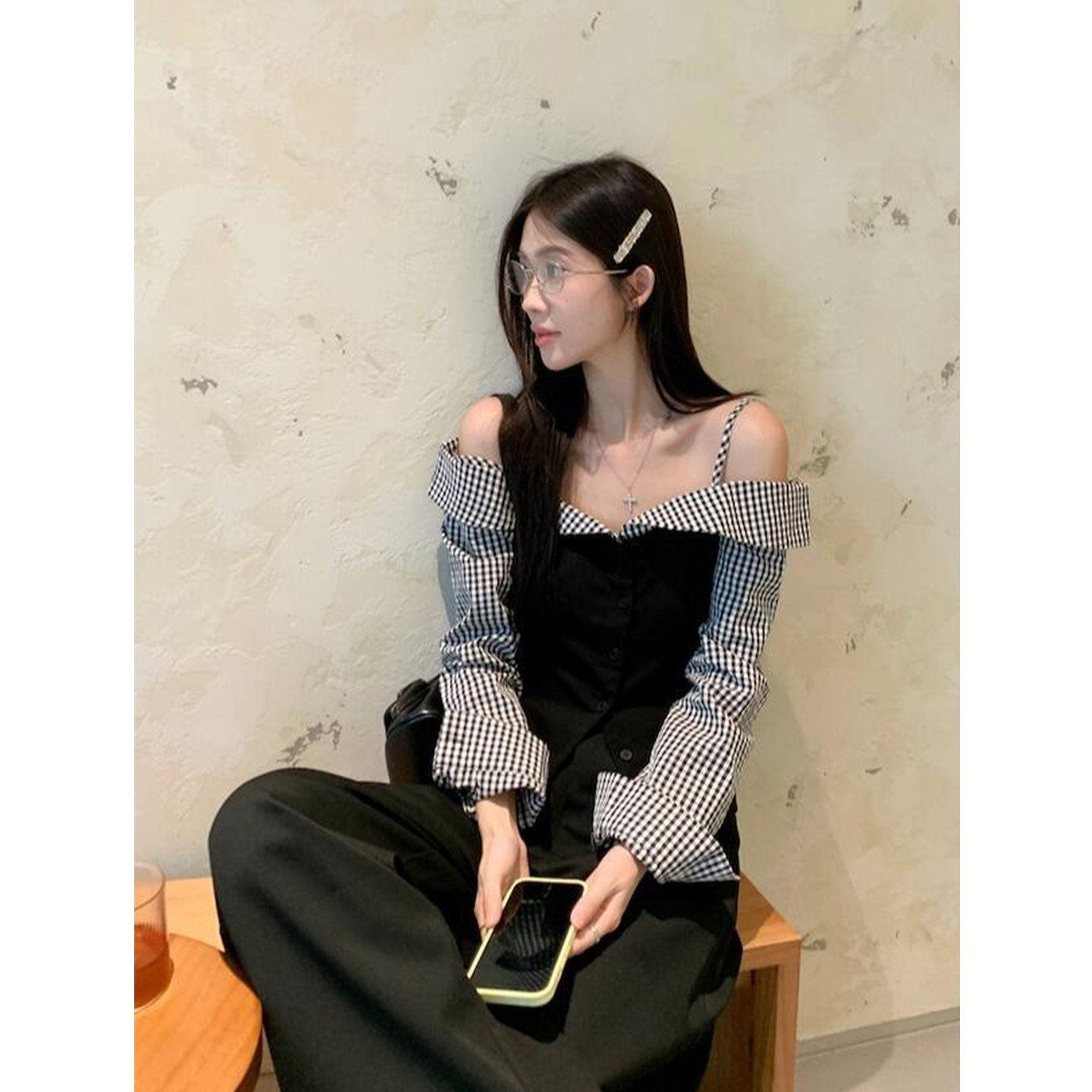 甜辣风设计感撞色格子拼接上衣女2026年新款短款修身长袖吊带T恤,女装/女士精品,T恤,淘宝优惠券,粉丝福利购,淘宝优惠卷