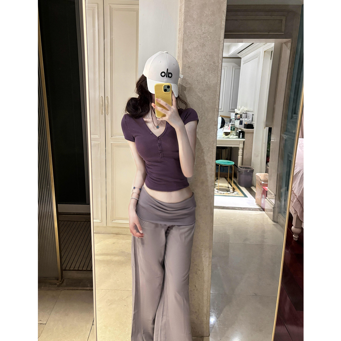 辣妹修身正肩亨利领纽扣短款T恤上衣女宽松垂感宽松休闲裤两件套,女装/女士精品,时尚套装,淘宝优惠券,粉丝福利购,淘宝优惠卷