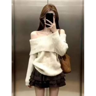 岚茜朵慵懒风一字肩针织衫 毛衣女重工花边蛋糕短裙氛围感两件套装