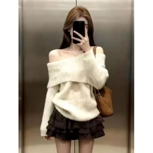 一字肩针织衫女蛋糕短裙两件套装