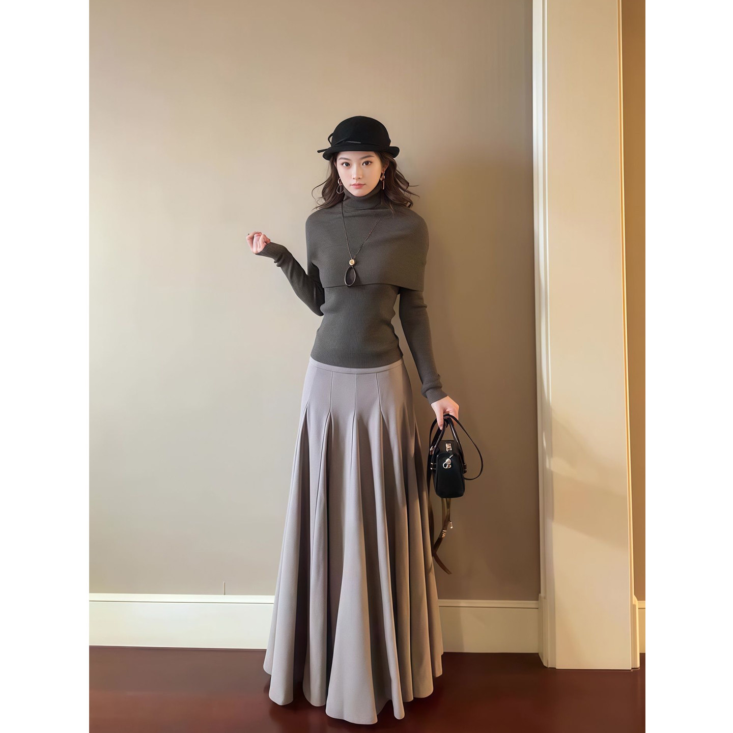 深驼色两件斗篷式披肩针织上衣女秋冬新款宽松伞摆百褶长裙子套装