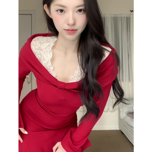 设计感蕾丝拼接一字肩长裙子 显瘦针织连衣裙女新款 法式 千金感修身