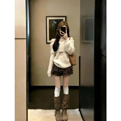 复古风高腰显瘦花边蛋糕半身短裙女氛围感露肩软糯套头毛衣两件套