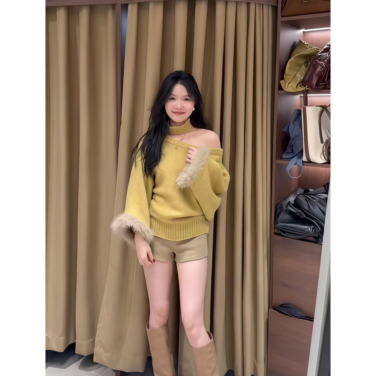 慵懒设计感斜领毛毛袖口针织衫毛衣搭休闲高腰短裤子松弛感套装女,女装/女士精品,时尚套装,淘宝优惠券,粉丝福利购,淘宝优惠卷