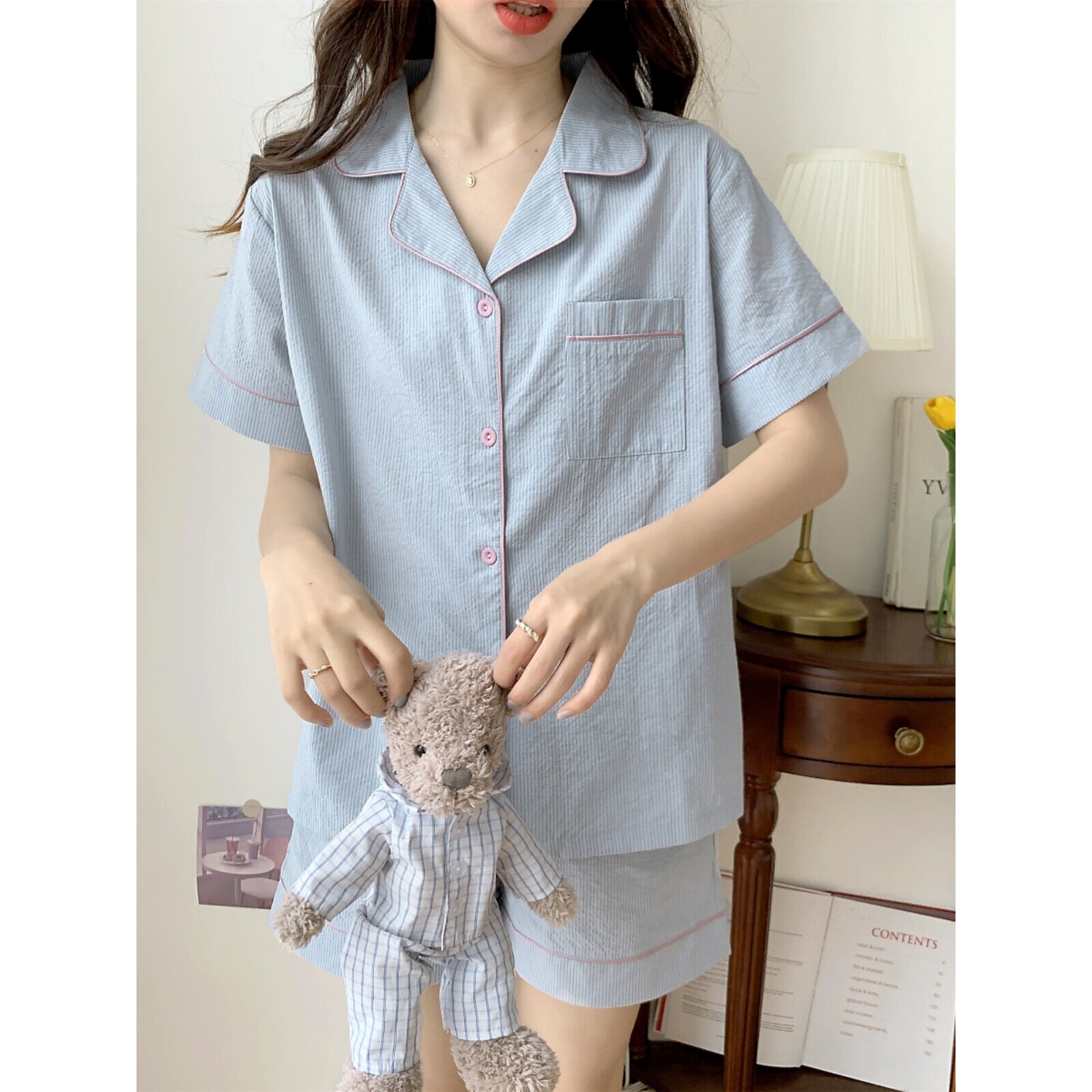 红豆夏季睡衣女款ins条纹纯棉睡衣/家居服套装
