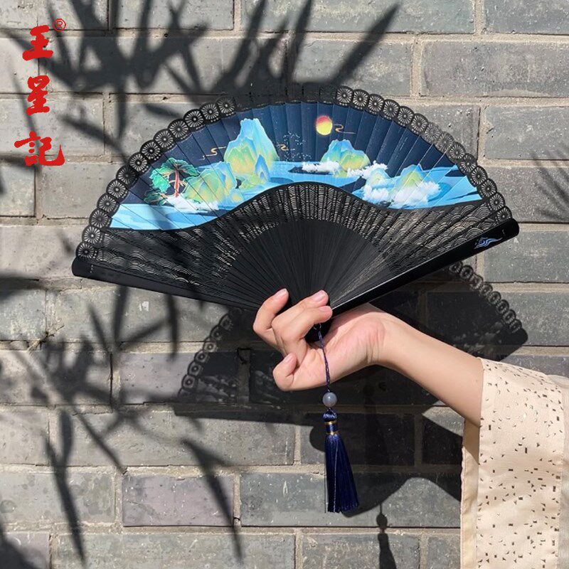王星记扇子河韵江山喷绘全竹扇古风女式折扇杭州工艺扇礼盒包装