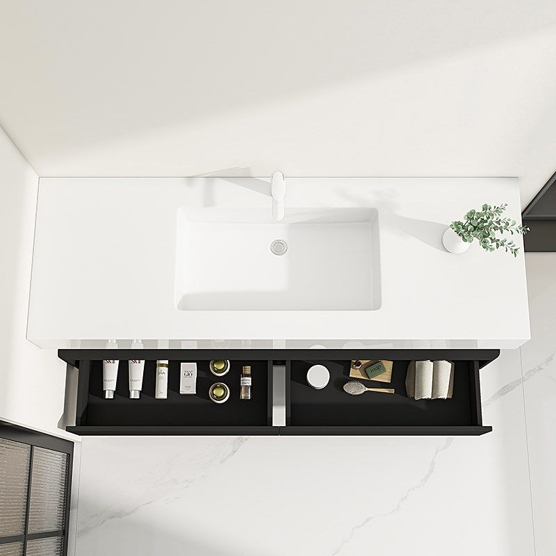 黑色酒店风岩板无缝陶瓷一体盆浴室柜橡胶木洗漱台洗手台