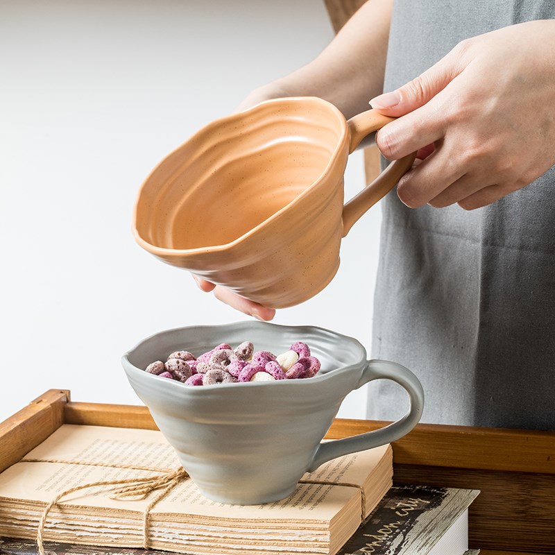 日式手捏芝麻釉大口早餐杯家用陶瓷大容量牛奶燕麦杯上班族水杯
