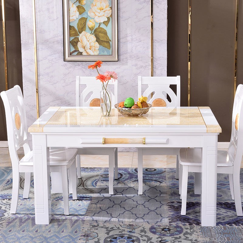 弥科优白色黄玉大理石桌面餐桌椅组合长方形实木饭桌家用一桌4人