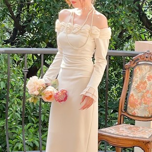 鹿与玫瑰新中式一字肩连衣裙气质高级白色领证订婚生日小礼服裙子