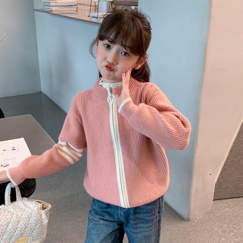 女童毛衣针织开衫春秋款2024新款中大儿童秋季针织衫洋气上衣外套