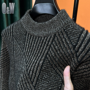 不起球雪尼尔毛衣男半高领冬季加绒加厚中年爸爸装针织衫中领打底