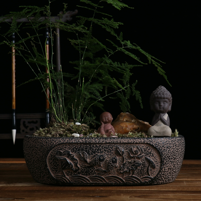 新款中国风禅意花盆文竹苔藓盆景盆仿古汉砖古典菖蒲花盆长方盆