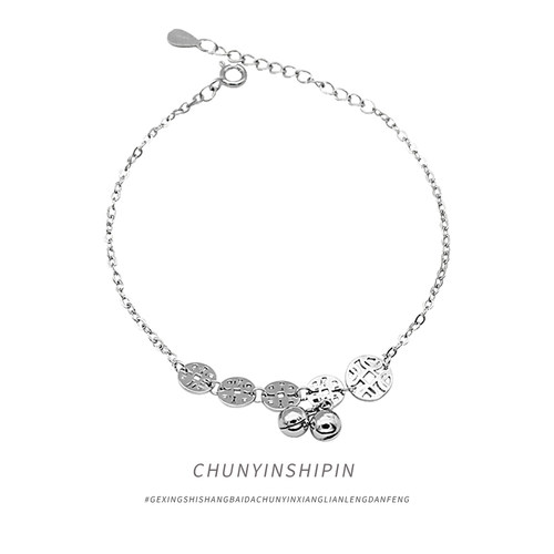 s925纯银铃铛金钱脚链