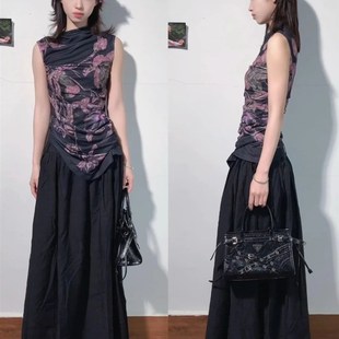 新中式复古气质花卉弹力无袖背心修身上衣大裙摆黑色半身长裙套装