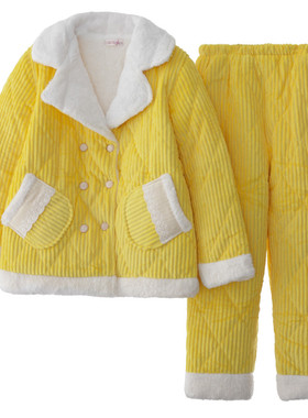 pink grape冬珊瑚绒女夹棉厚睡衣休闲厚面包服保暖外穿家居服套装