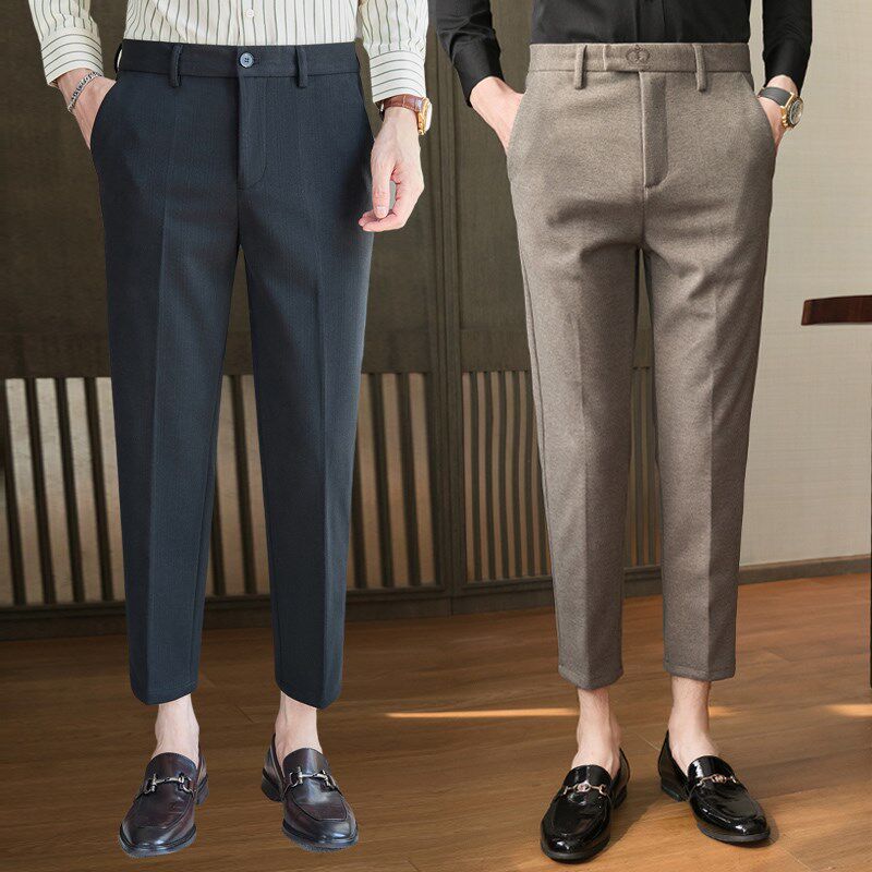 毛呢男裤子8八分休闲裤加厚款商务西裤修身商务秋冬季冬款9九分裤