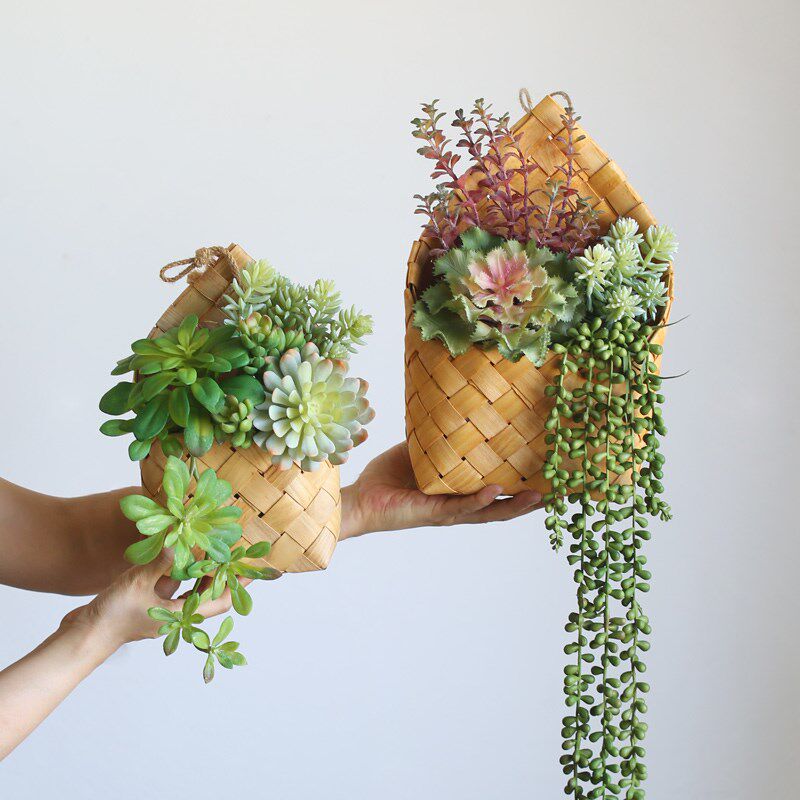 北欧编织篮田园壁挂花篮厨房姜蒜收纳筐复古手提杂货厨具阳台挂篮