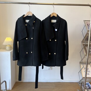 2025春季新款黑色千金风斗篷金属扣短款小个子双面羊毛呢大衣外套