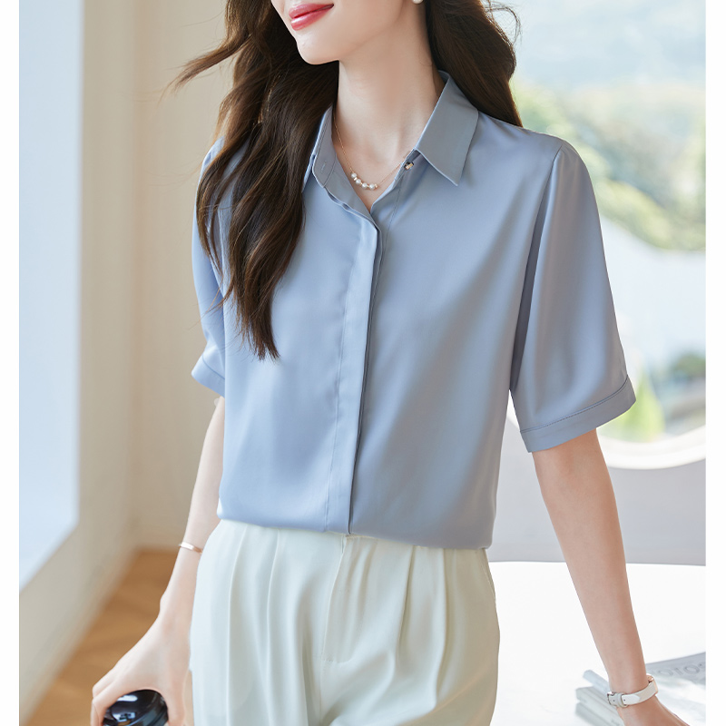 高级感短袖职业白色衬衫女夏季新款缎面雪纺衬衣气质面试正装上衣