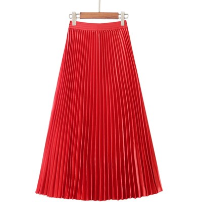 半身裙女装复古春秋新款 粉色缎面过膝中长款高腰a字风琴裙百褶裙