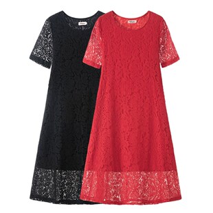 夏季 妈妈夏装 连衣裙女2024新款 蕾丝短袖 度假红色长裙子潮 胖mm大码