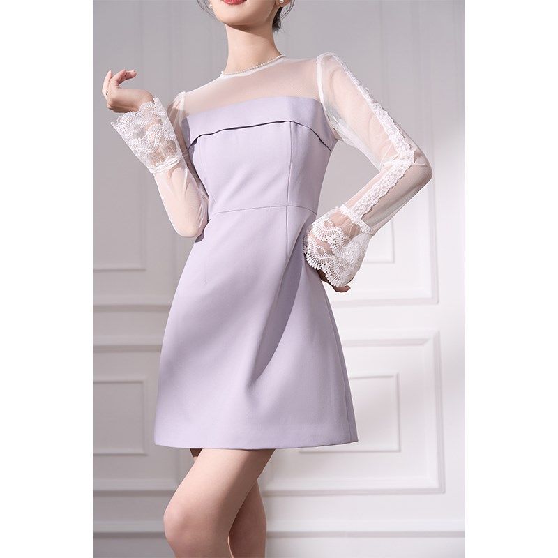 韩语琳 紫色拼接连衣裙2024新款女春秋气质短款长袖收腰a字裙裙子