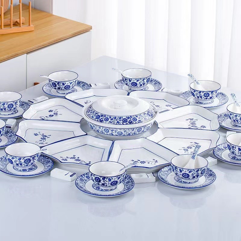 网红青花瓷饭碗三件套家用吃饭碗骨碟套装树信青花碗勺子青花筷子