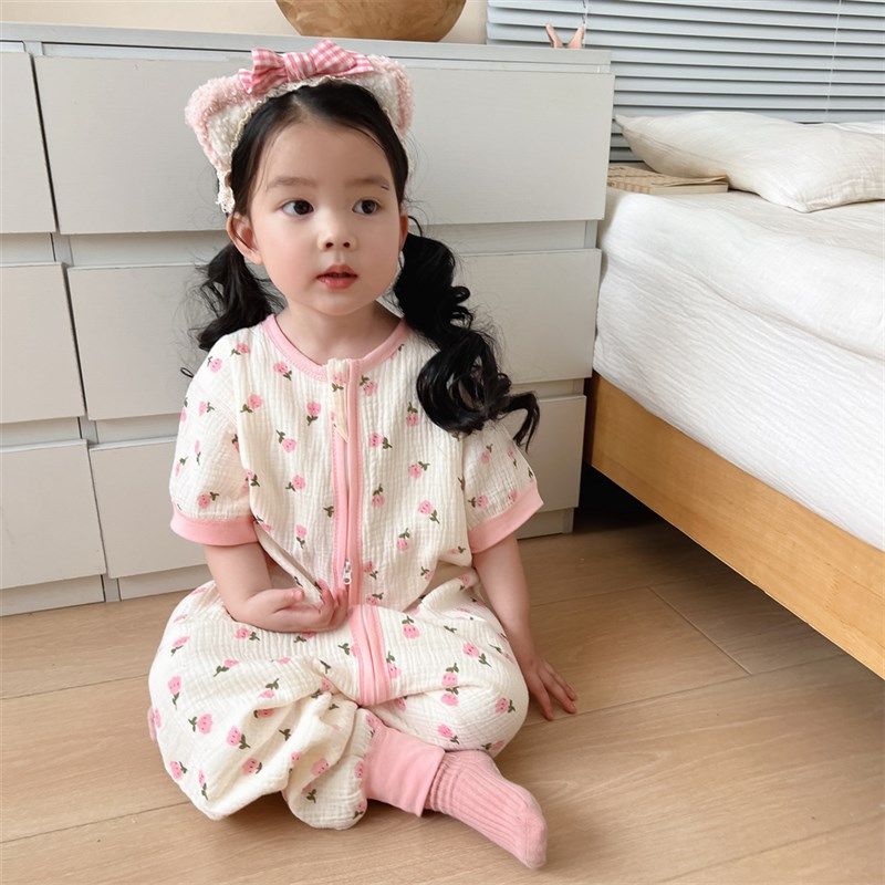 婴儿纱布睡袋夏季薄款短袖宝宝分腿连体睡衣儿童夏天空调房防踢被