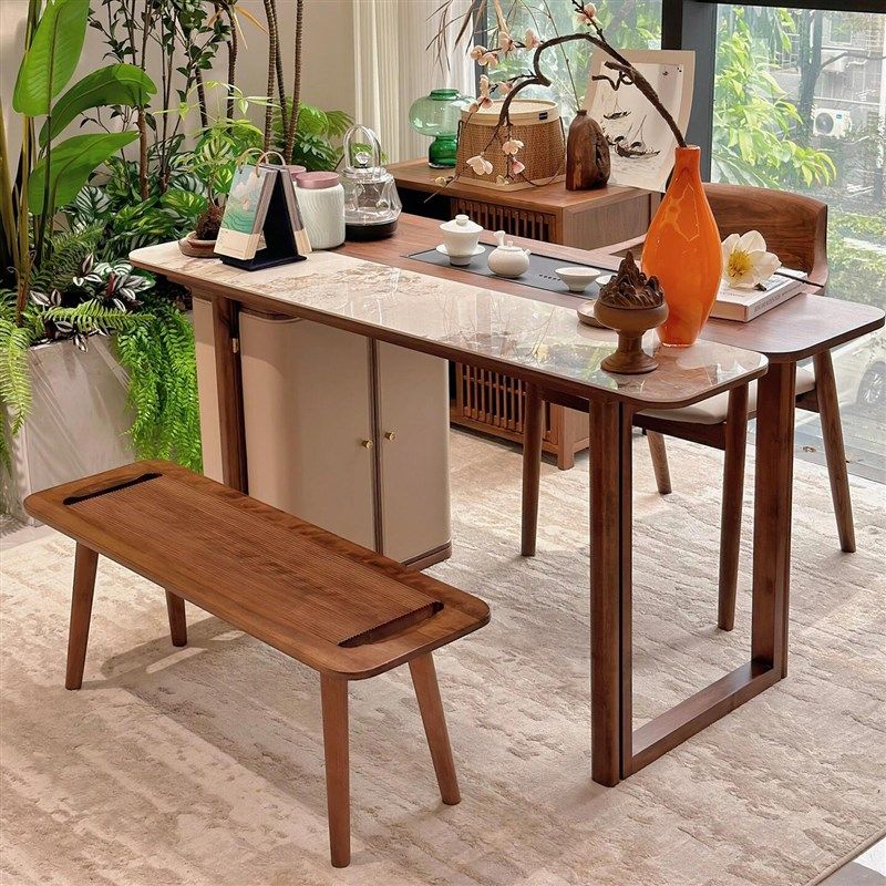 新中式阳台茶桌烧水壶一体家用小户型简约小茶台实木岩板泡茶桌椅