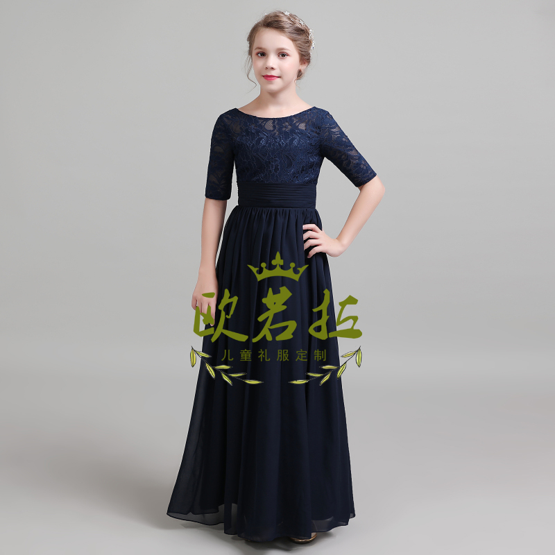女童小提琴演奏主持人钢琴演出晚礼服儿童伴娘婚纱中袖长款公主裙