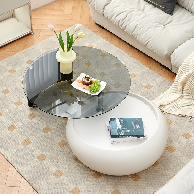 奶油风旋转茶几客厅家用高级感轻奢圆形玻璃茶几桌设计师新款组合