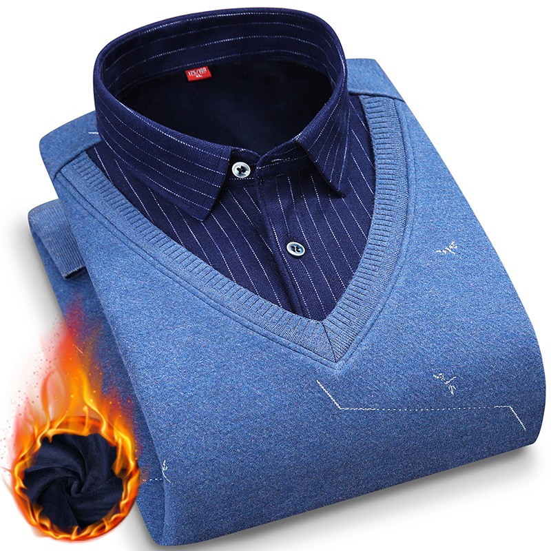 男士假两件保暖内衣上衣加绒加厚衬衫领针织衫男青年中年防寒衬衣