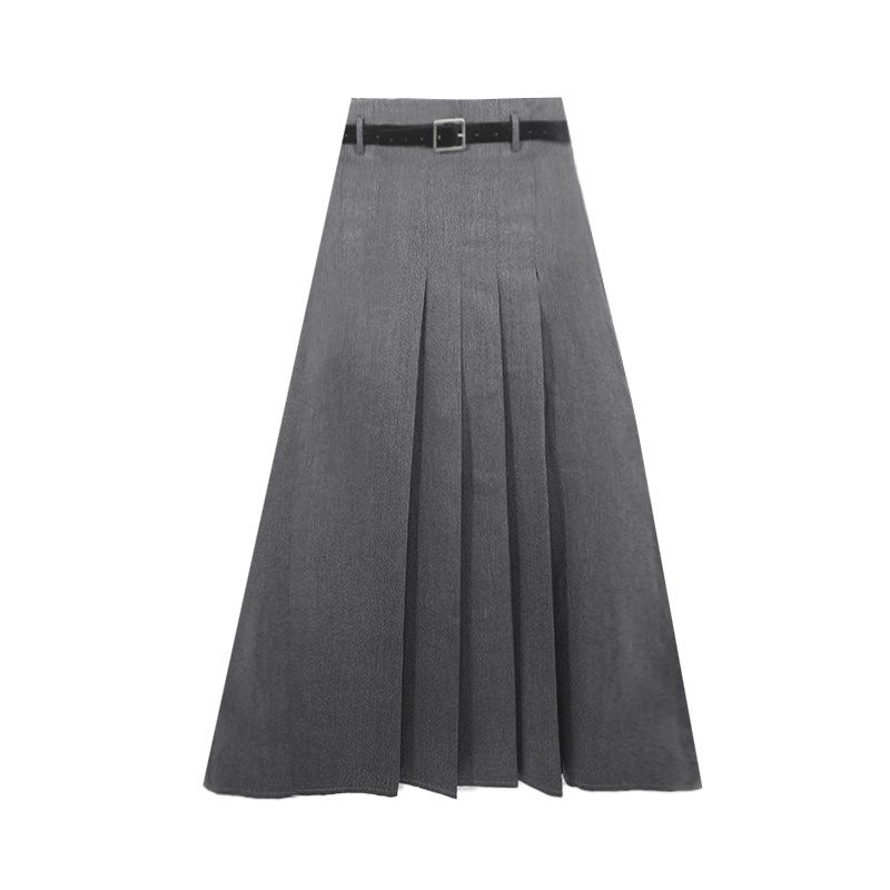 学院风灰色高腰西装百褶裙气质高级感宽松垂感A字中长款半身裙子