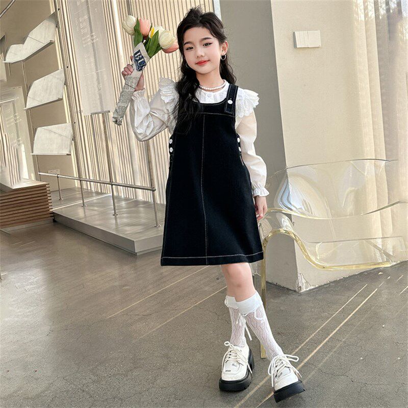 女童春季连衣裙2024新款中大童洋气时髦长袖衬衫牛仔背带裙两件套