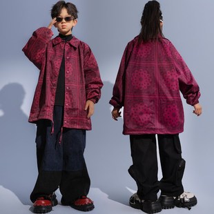 儿童街舞服男女童潮酷嘻哈腰果花衬衫套装少儿hiphop元旦表演服装