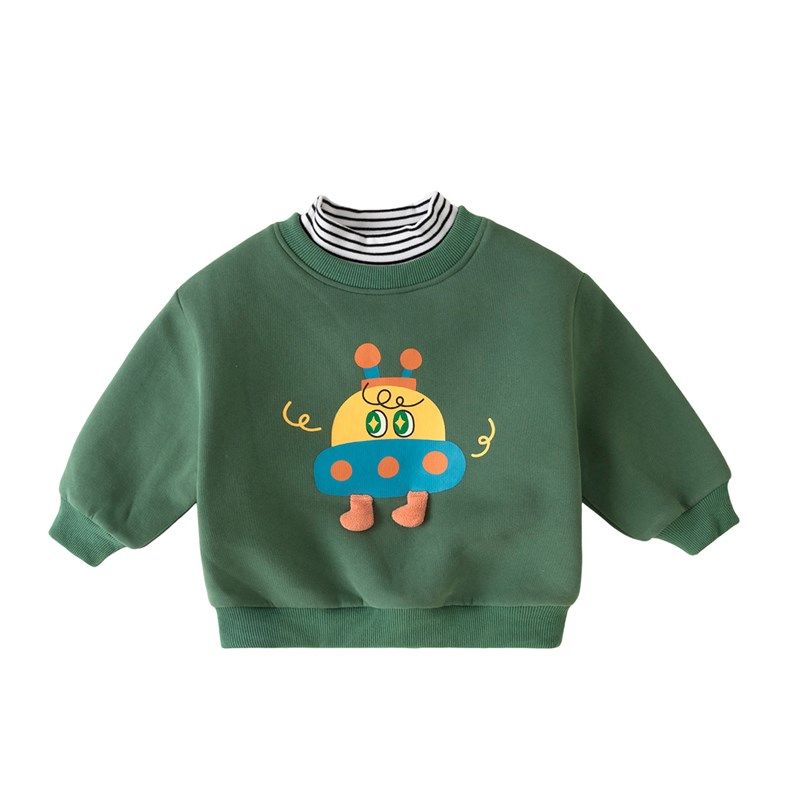 宝宝假两件卫衣秋冬男童圆领长袖上衣女童套头衫加绒小童冬装保暖