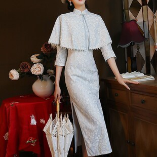 新中式蓝色旗袍新款2023新款女秋冬改良版两件套日常中长款连衣裙