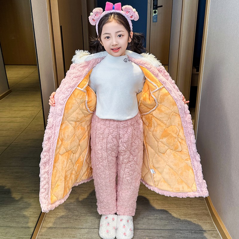 儿童睡衣套装冬季加厚款三层夹棉女童小孩珊瑚绒法兰绒家居服睡袍