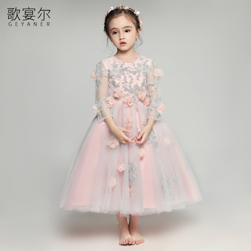 小花童礼服女童儿童婚纱晚礼服长袖蓬蓬公主裙主持人钢琴演出服冬