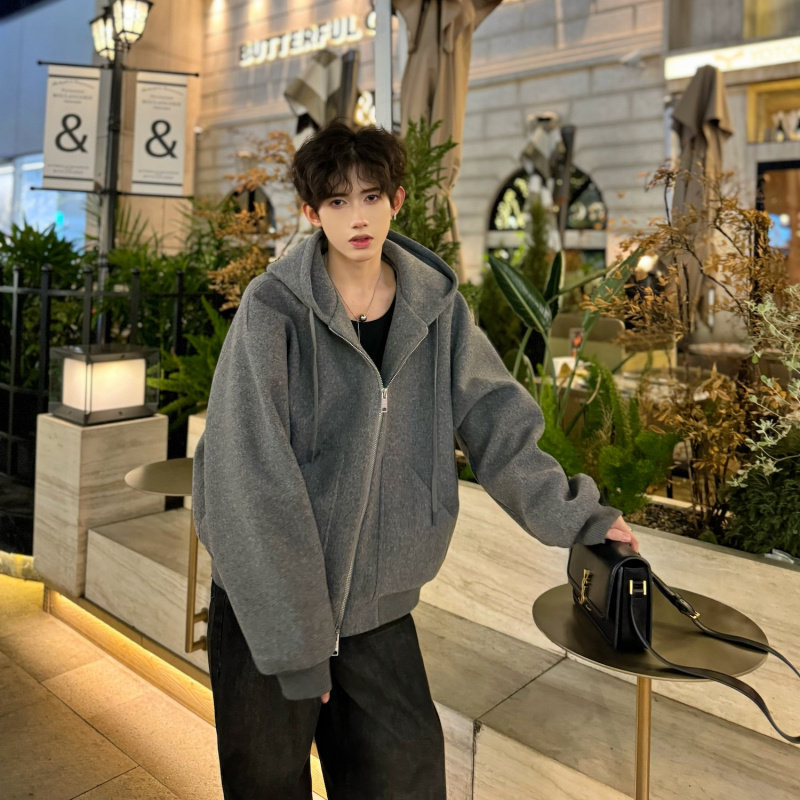 春秋美式灰色毛呢卫衣男外套连帽开衫夹克廓形高级感加厚加棉上衣,男装,毛呢大衣,淘宝优惠券,粉丝福利购,淘宝优惠卷