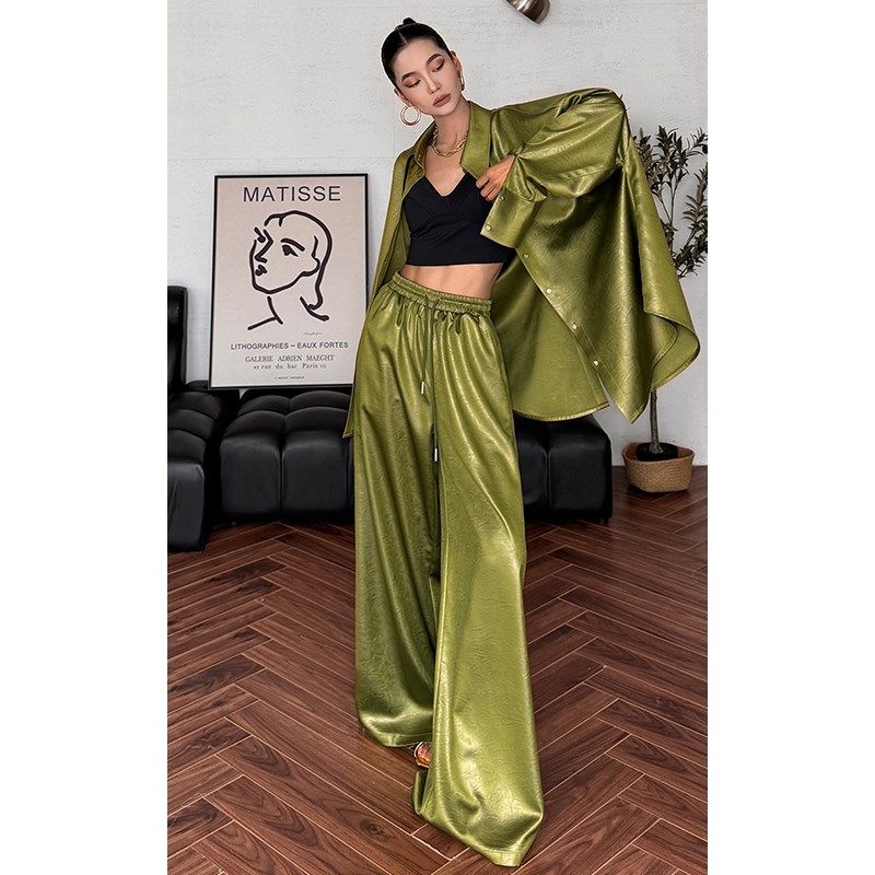 CIZZLEMORE 缎面压皱皮感纹理流光垂顺衬衫弹力松紧腰阔腿大甩裤,女装/女士精品,时尚套装,淘宝优惠券,粉丝福利购,淘宝优惠卷