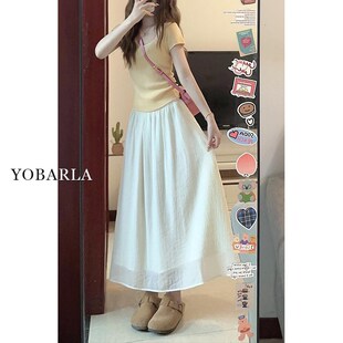 白色休闲半身裙女夏季薄款大码胖mm遮肚高腰显瘦梨形身材a字纱裙